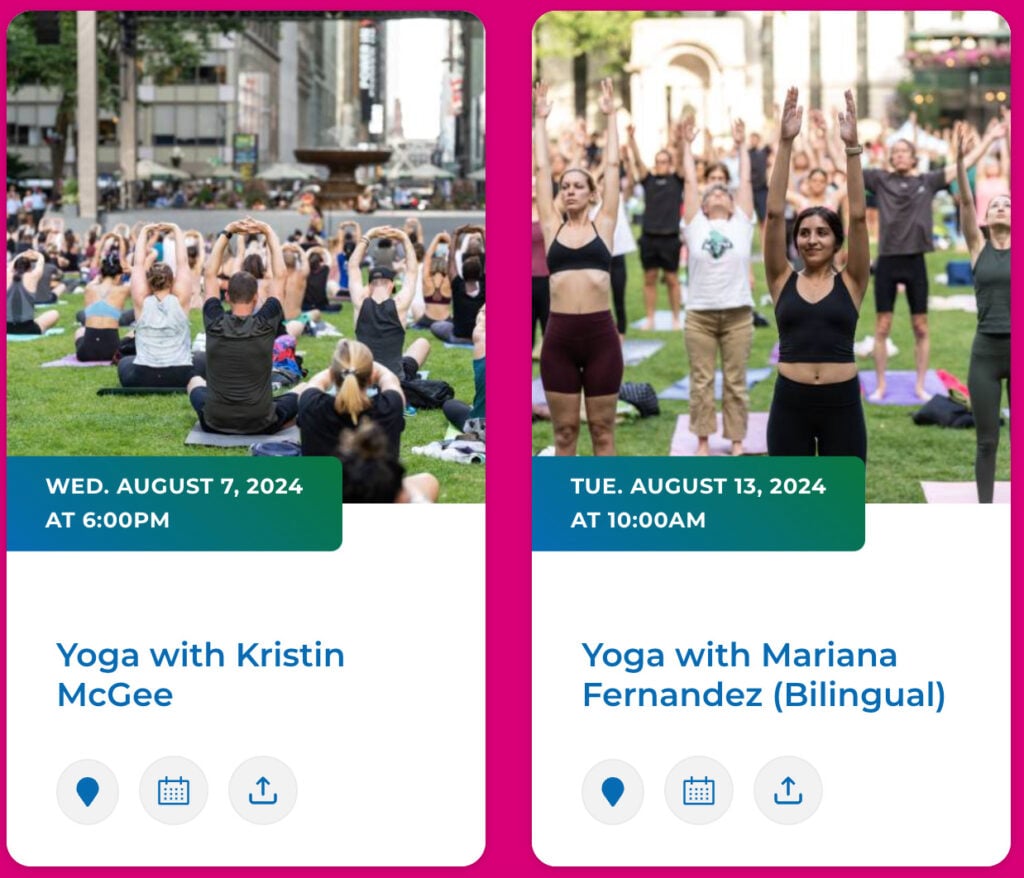 Bryant Park Yoga website